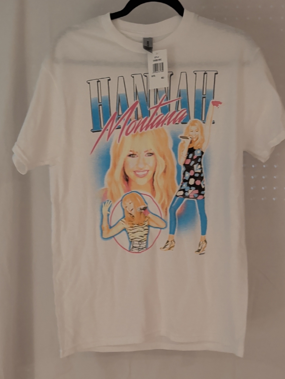 Gildan White Hannah Montana Graphic Tee with Blue and Pink Print